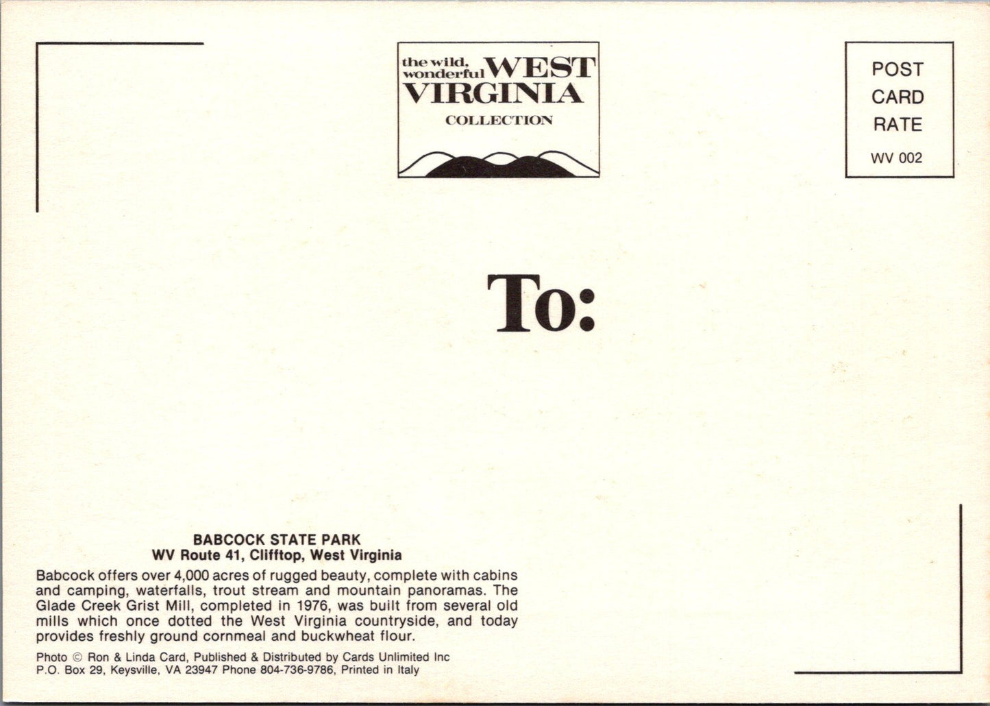 America Postcard - Babcock State Park, Clifftop, West Virginia SW10326
