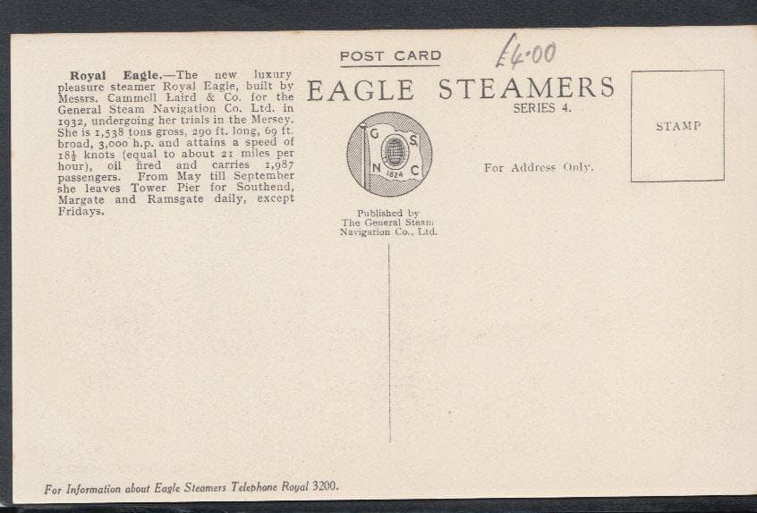 Shipping Postcard - The "Royal Eagle" Pleasure Steamer - Mo’s Postcards