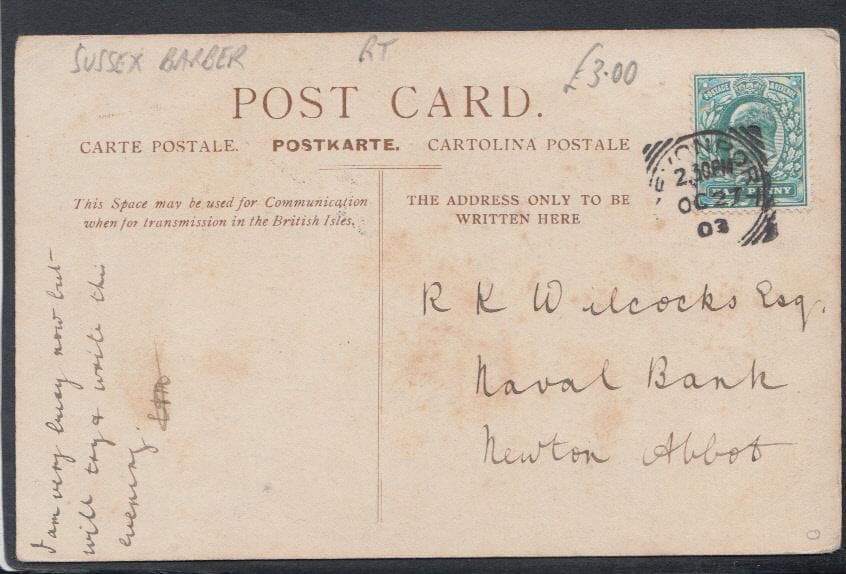 Sussex Postcard - A Sussex Barber Cutting Hair - "Head Wark", 1903 - Mo’s Postcards