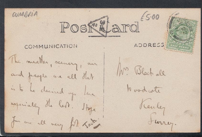 Cumbria Postcard - Belsfield Hotel, Bowness, 1911 - Mo’s Postcards