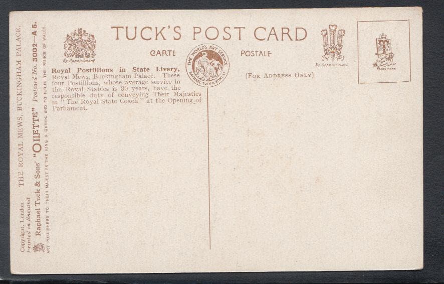 London Postcard - Royal Postillions in State Livery, The Royal Mews, Buckingham Palace - Mo’s Postcards
