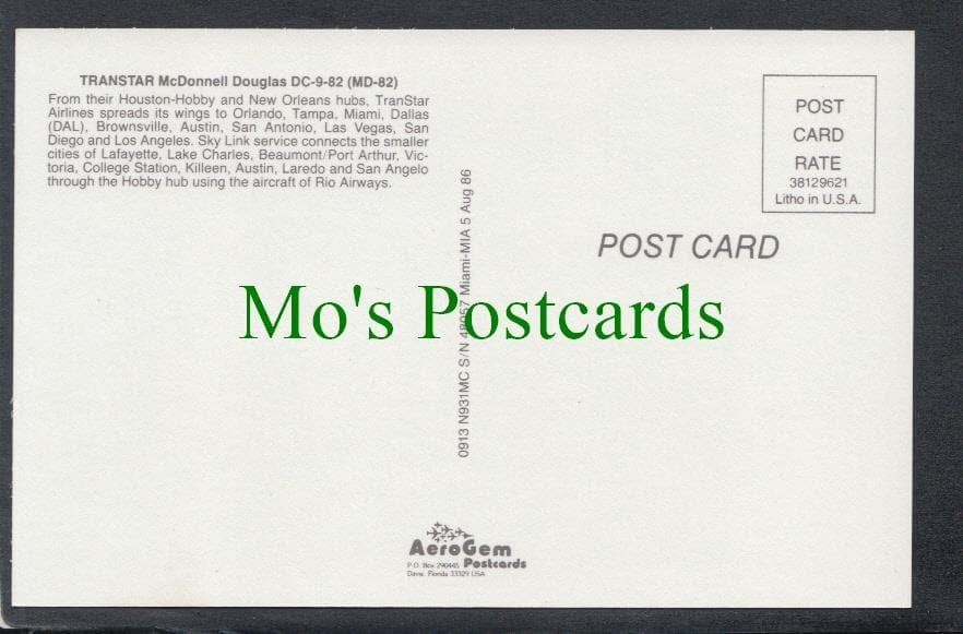 Aviation Postcard - Transtar McDonnell Douglas Aeroplane