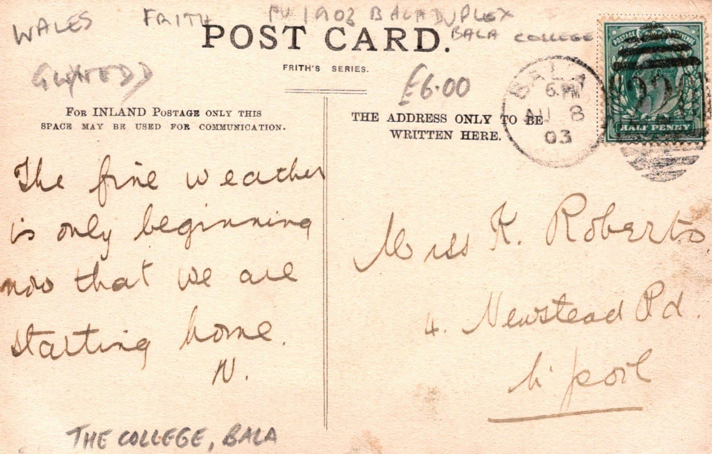 Wales Postcard - Bala, The College, 1903 - Mo’s Postcards