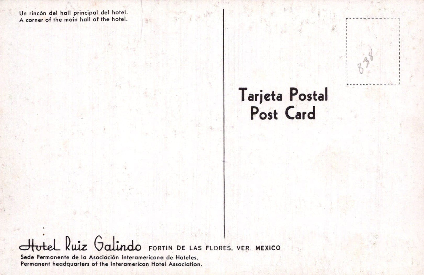 Mexico Postcard - Main Hall, Hotel Ruiz Galindo, Fortin De Las Flores, Veracruz - Mo’s Postcards