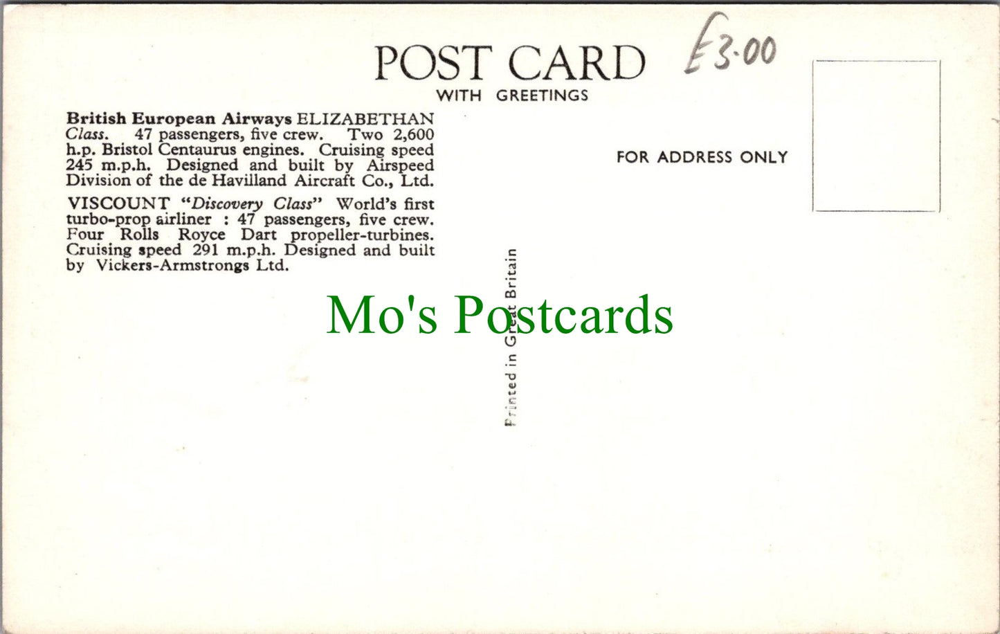 Aviation Postcard -British European Airways