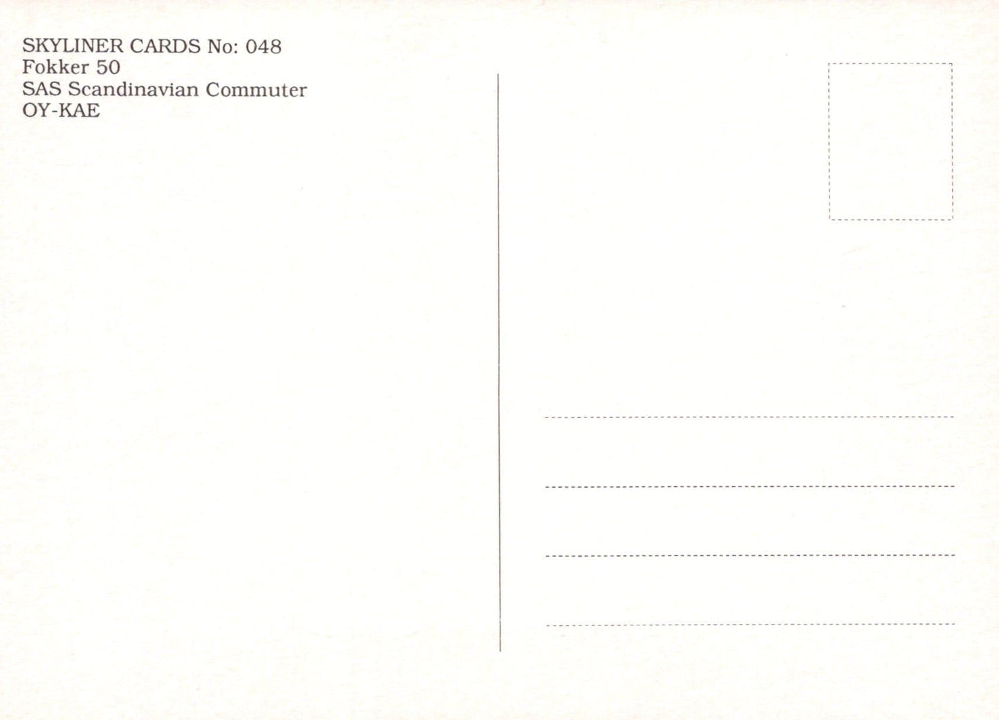 Aviation Postcard - Fokker 50 SAS Scandinavian Commuter OY-KAE Aeroplane - Mo’s Postcards