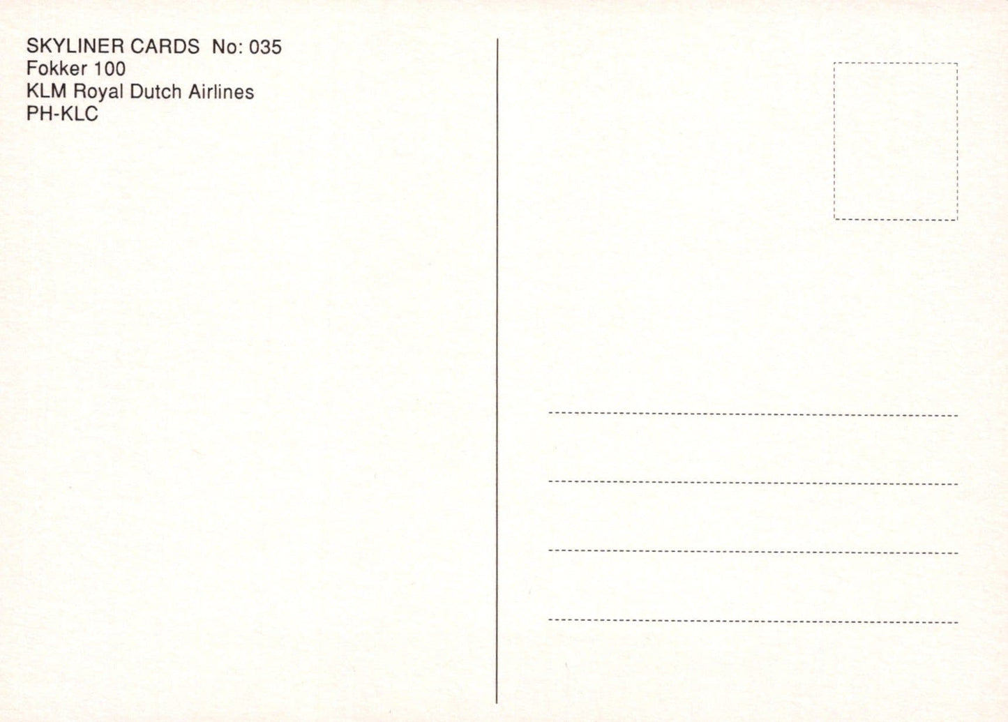 Aviation Postcard - Fokker 100 KLM Royal Dutch Airlines PH-KLC Aeroplane - Mo’s Postcards
