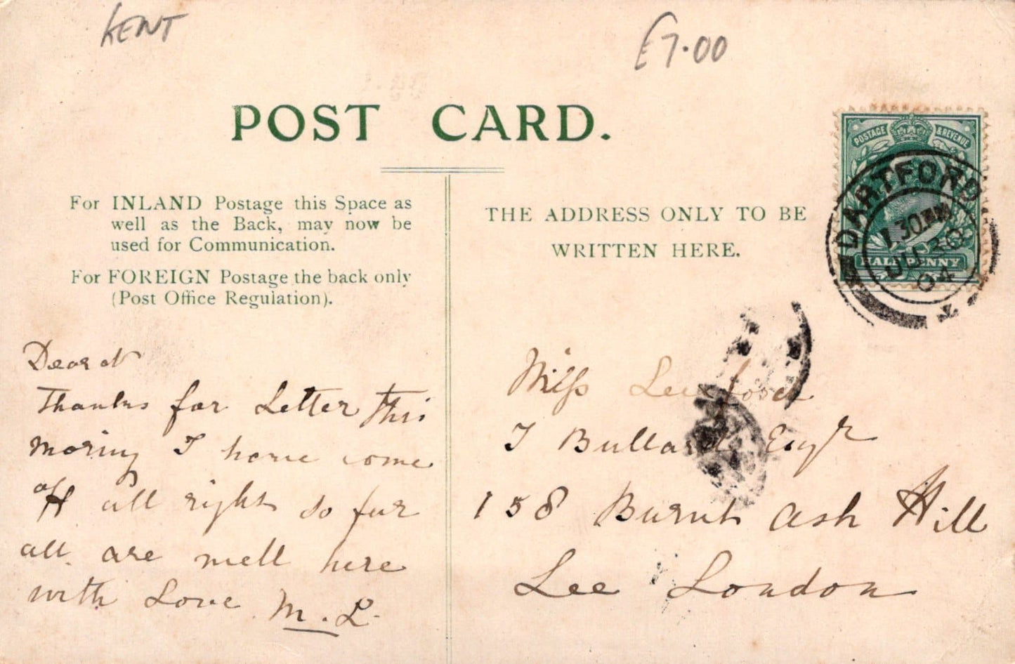 Kent Postcard - Dartford - Traditional Home of Wat Tyler, 1904 - Mo’s Postcards