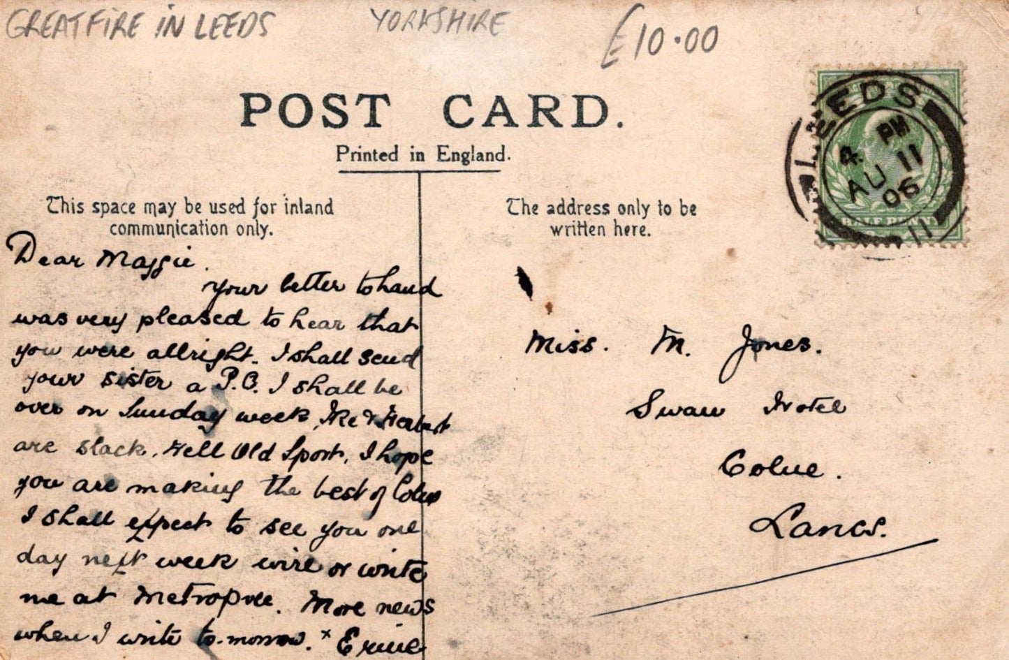 Yorkshire Postcard - Upper Corridor & Head of Grand Staircase, Great Fire in Leeds, July 20th 1906 - Mo’s Postcards