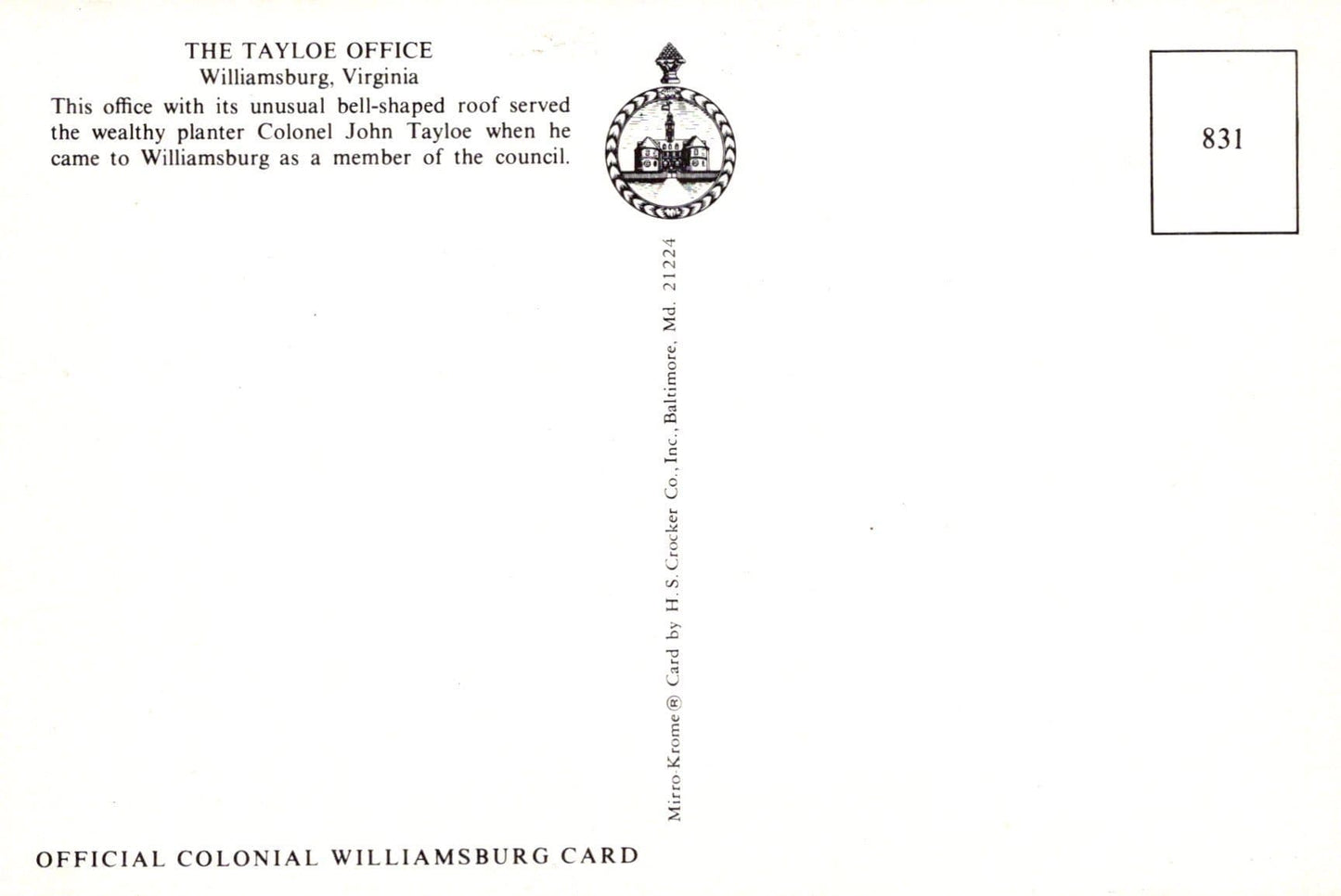 America Postcard - The Tayloe Office, Williamsburg, Virginia - Mo’s Postcards