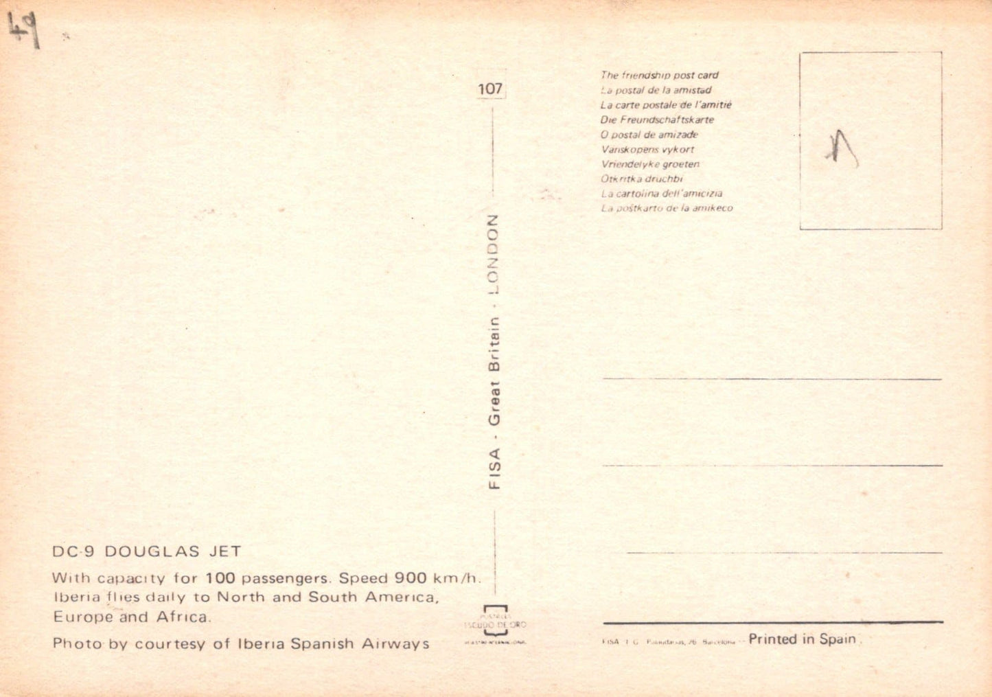Aviation Postcard - DC-9 Douglas Jet - Iberia Spanish Airways - Mo’s Postcards