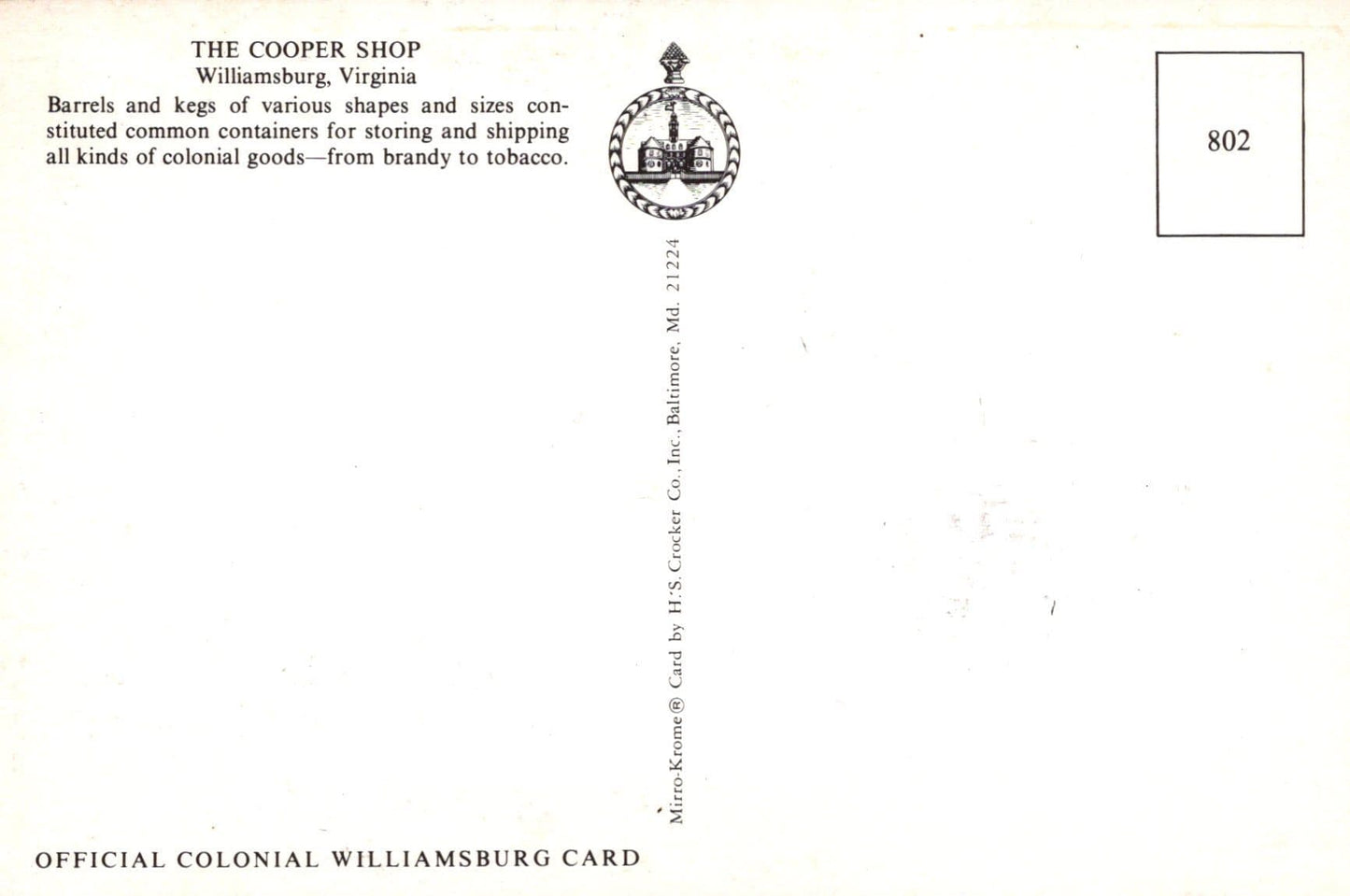 America Postcard - The Cooper Shop, Williamsburg, Virginia - Mo’s Postcards