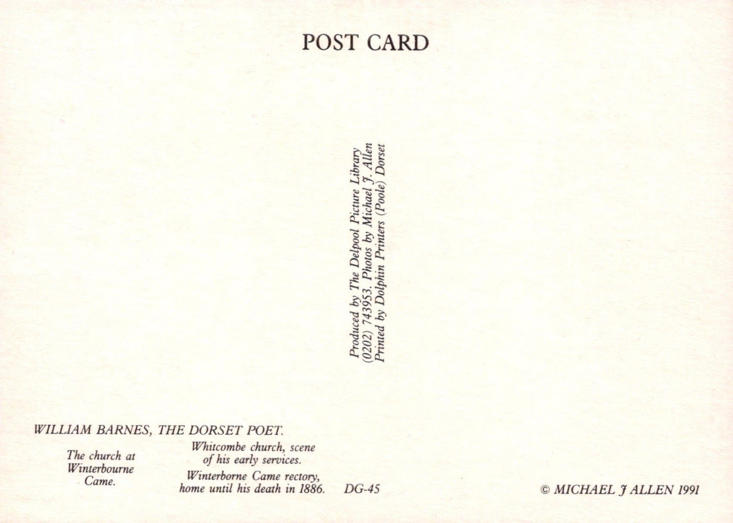 Dorset Postcard - Whitcombe Church, Winterbourne Came Church & Rectory - Poet William Barnes - Mo’s Postcards