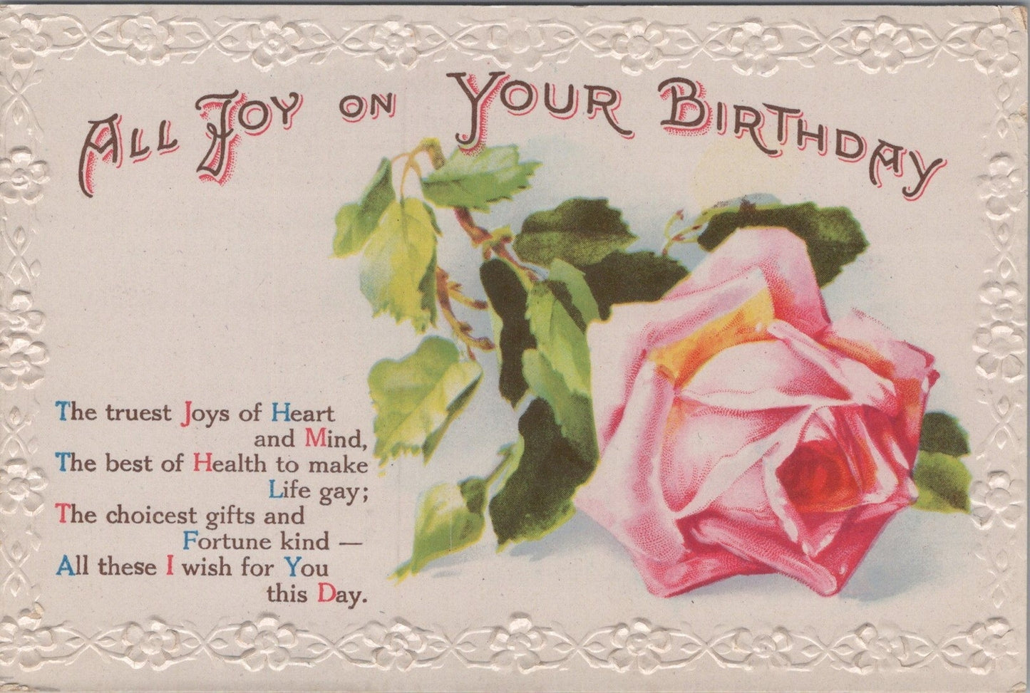 Beautiful Pink Rose Greeting Postcard Joy on Your Birthday Embossed RS32800