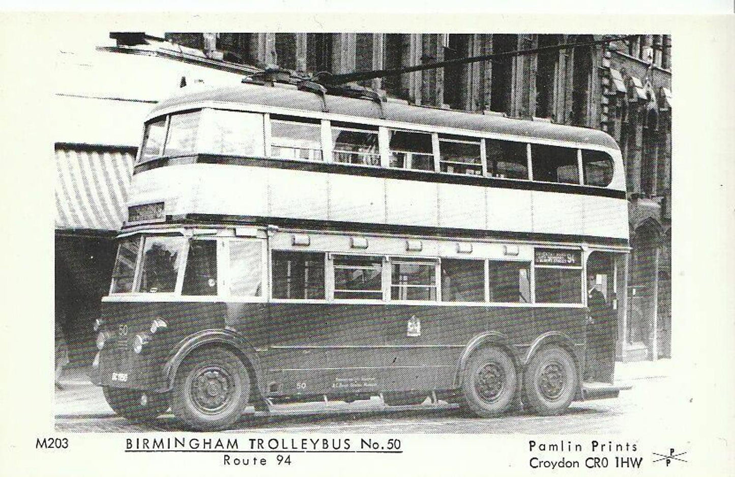 Warwickshire Postcard - Transport - Birmingham Trolleybus No.50 -Route 94 - 2235