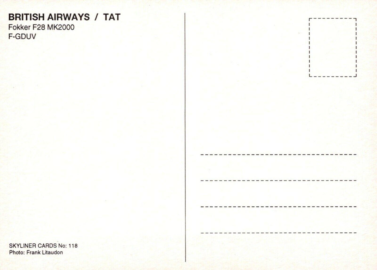 Aviation Postcard - British Airways Fokker F28 MK2000 Aeroplane  RR9937