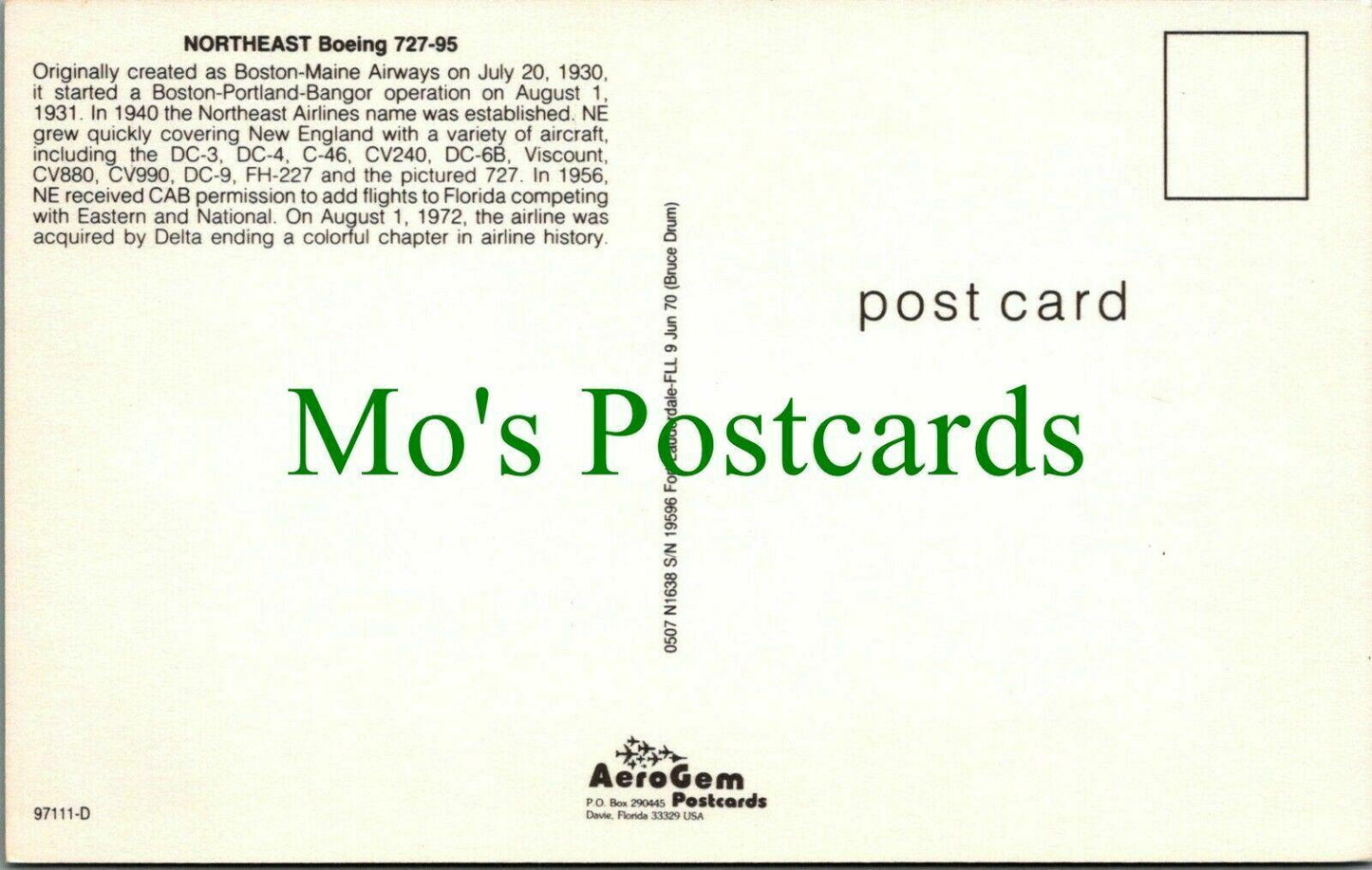 Aviation Postcard - Northeast Boeing 727-95 Aeroplane RS26233