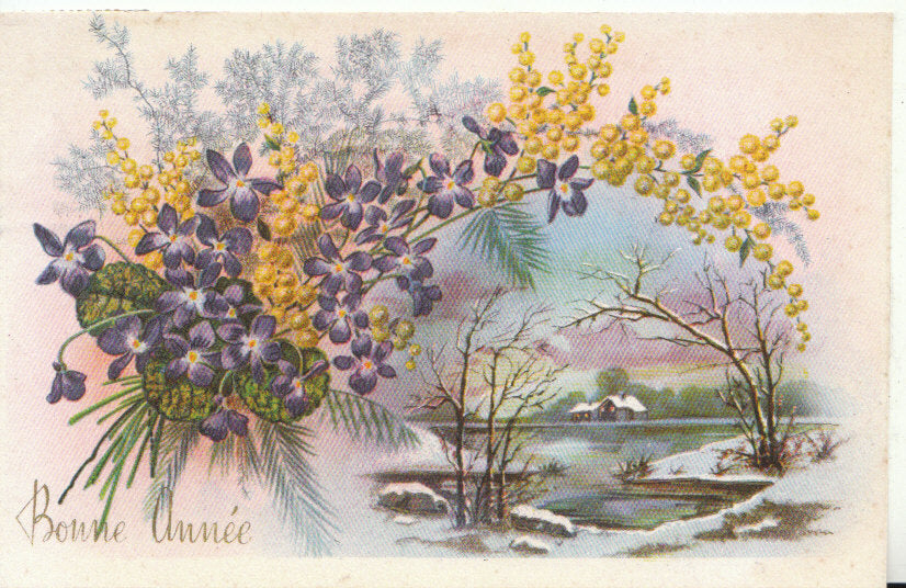 French New Year Violets Mimosa Flowers Winter Snow Scene Bonne Année Postcard TZ1828
