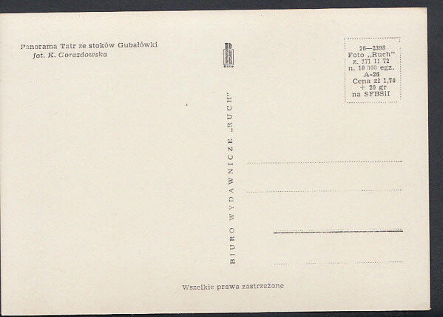 Poland Postcard - Panorama Tatr Ze Stokow Gubalowki   RR2376