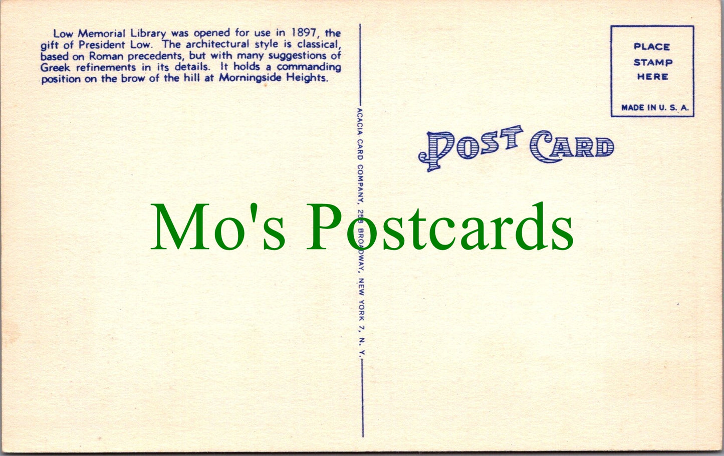 America Postcard - New York City, Low Memorial Library, Columbia University SW12081
