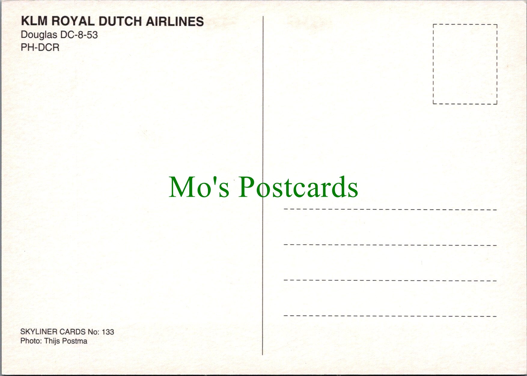 Aviation Postcard - KLM Royal Dutch Airlines Douglas DC-8-53 Aeroplane SW12808