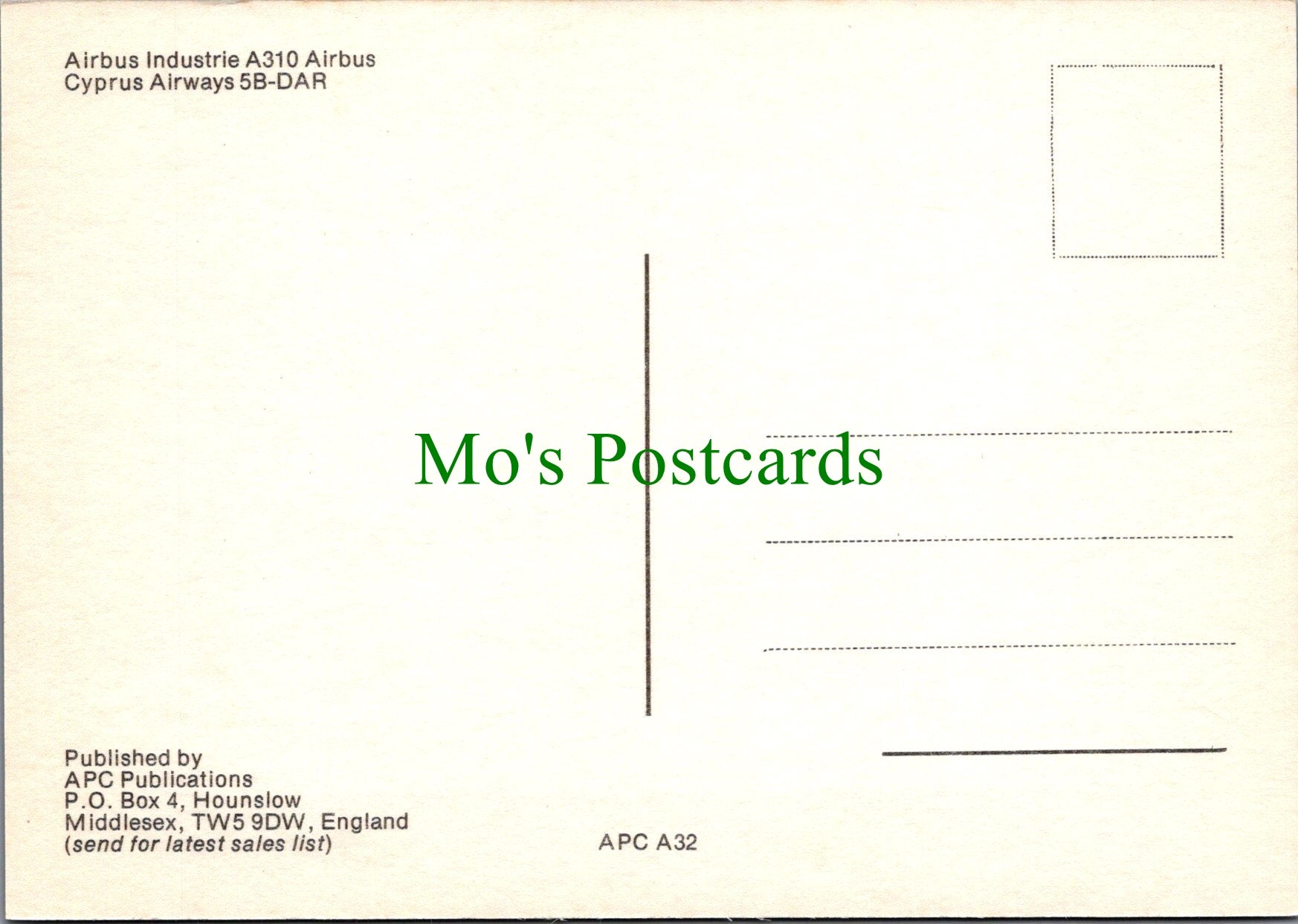 Aviation Postcard - Cyprus Airways Airbus Aeroplane SW12812