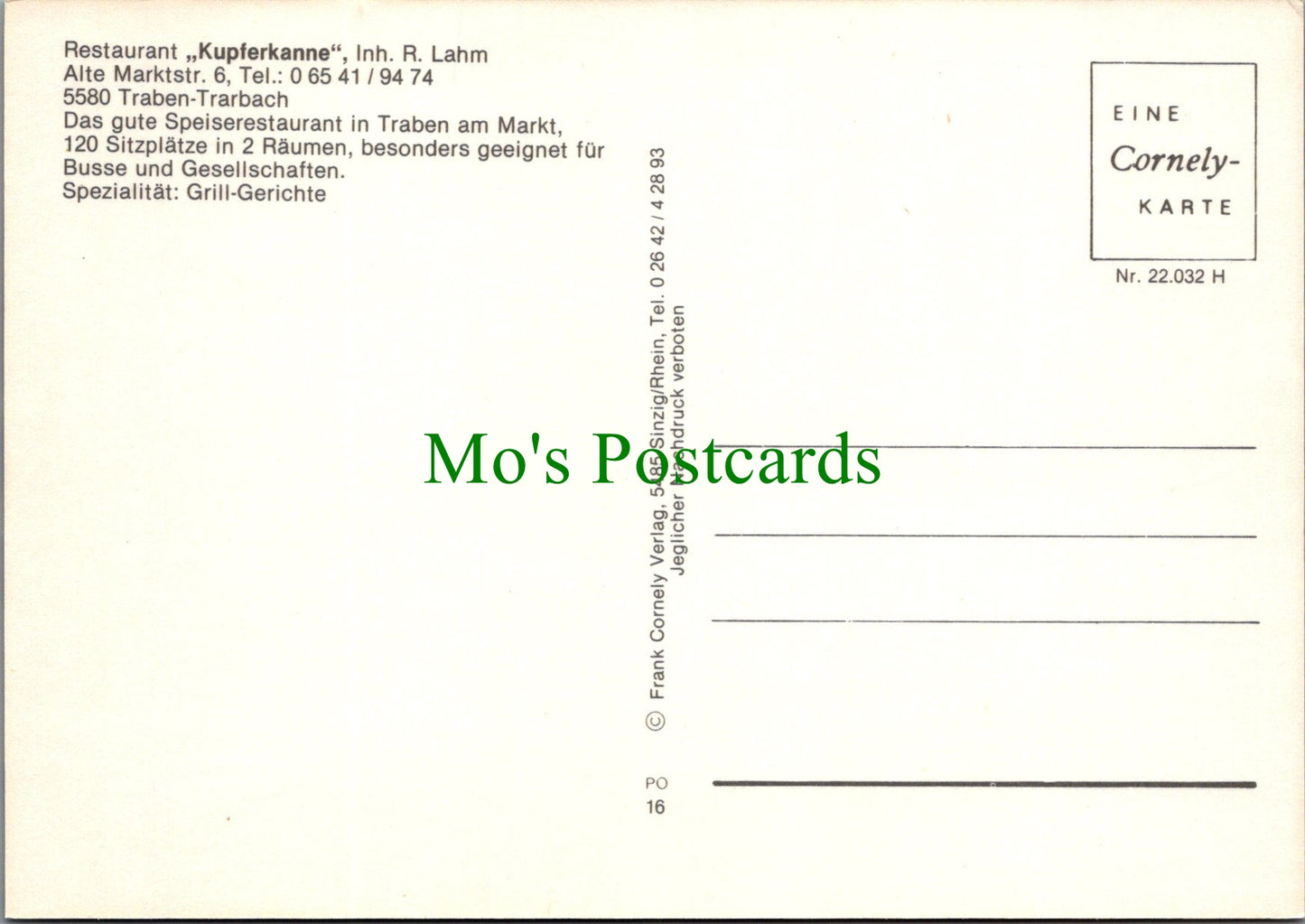 Germany Postcard - Speiserestaurant Kupferkanne, Inh.R.Lahm SW11396