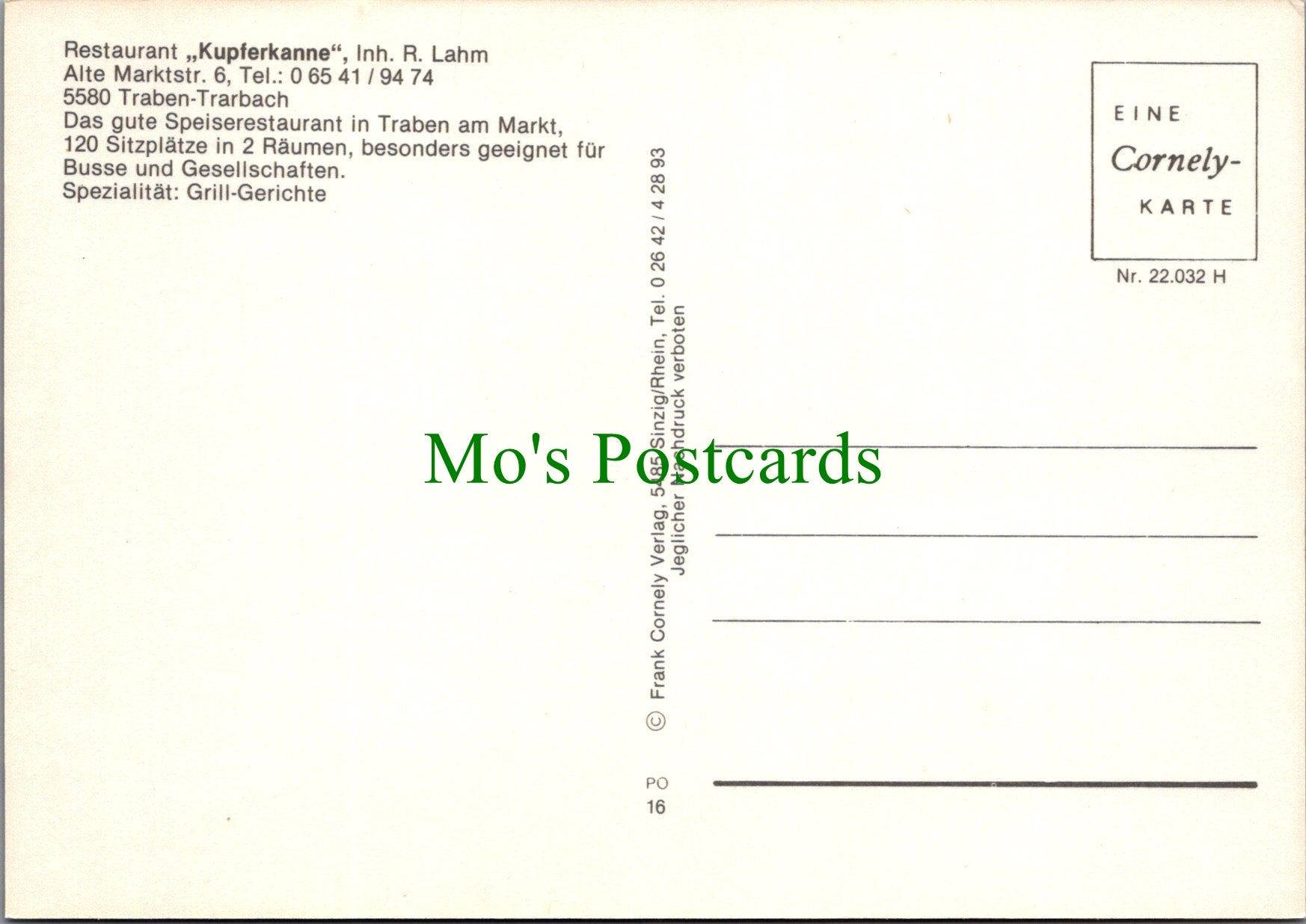 Germany Postcard - Speiserestaurant Kupferkanne, Inh.R.Lahm SW11396