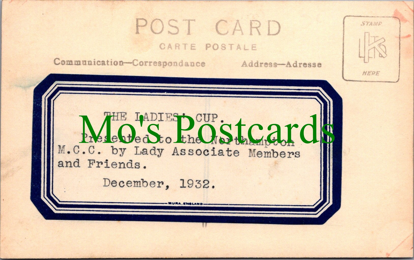 Northamptonshire Postcard - The Ladies Cup, Northampton M.C.C - SW12388