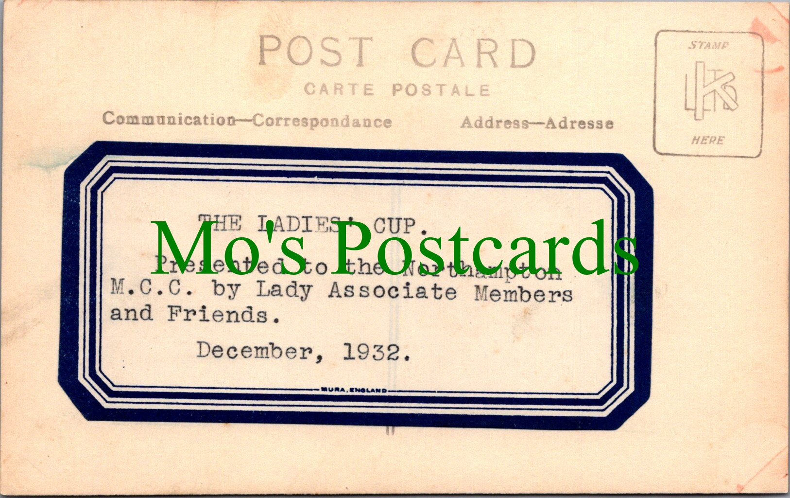 Northamptonshire Postcard - The Ladies Cup, Northampton M.C.C - SW12388