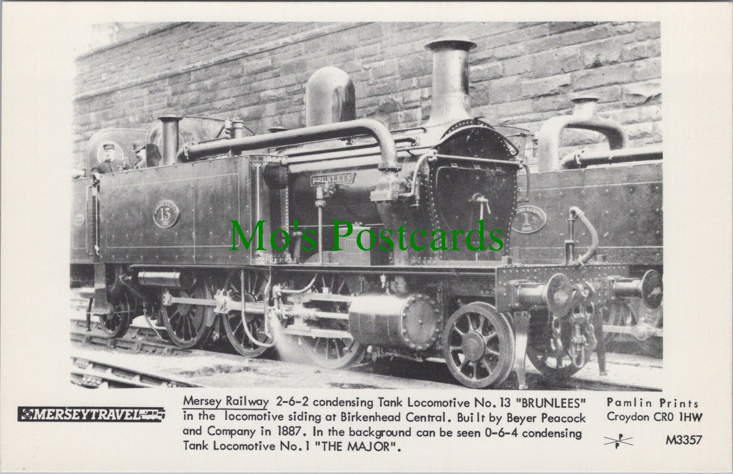 Mersey Railway Postcard - Birkenhead Central, Locomotive 13 "Brunlees" SW11602