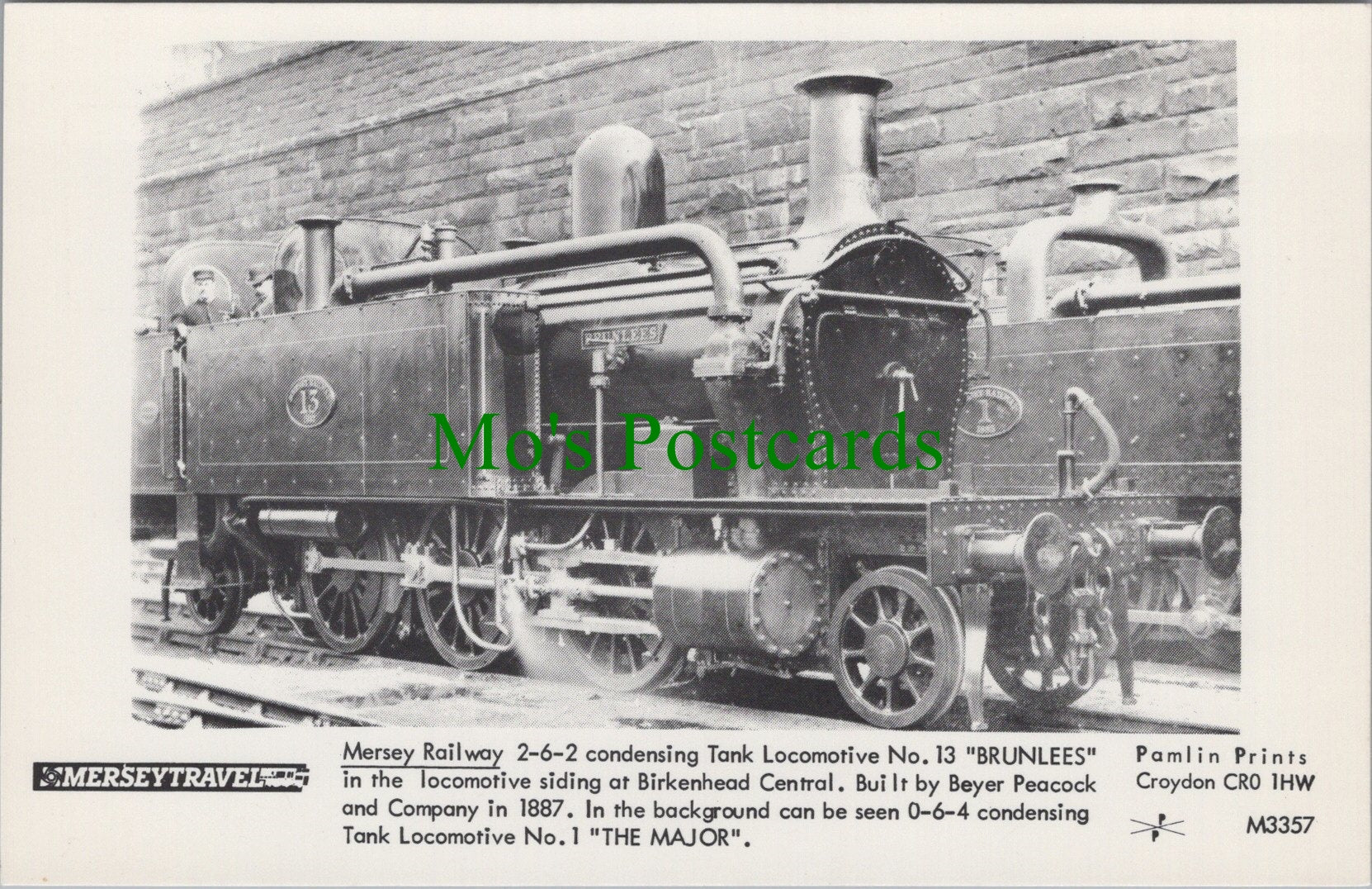 Mersey Railway Postcard - Birkenhead Central, Locomotive 13 "Brunlees" SW11602