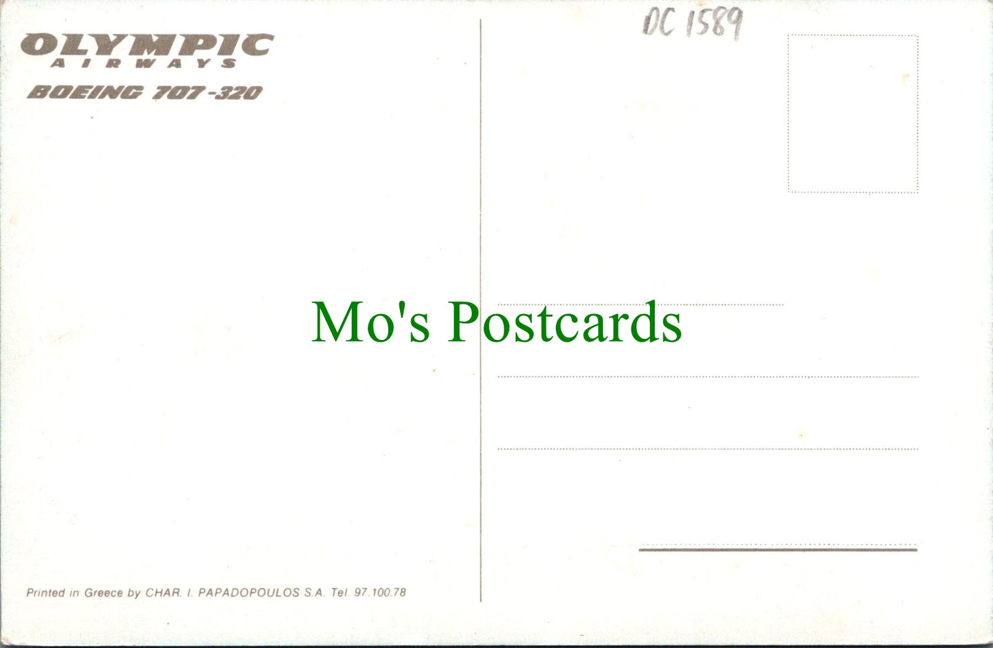 Aviation Postcard - Olympic Airways Boeing 707-320 Aeroplane DC1589