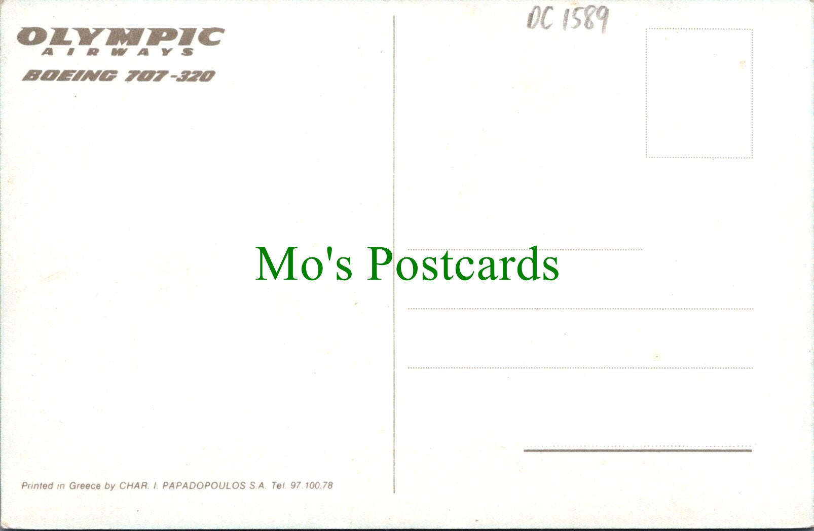 Aviation Postcard - Olympic Airways Boeing 707-320 Aeroplane DC1589