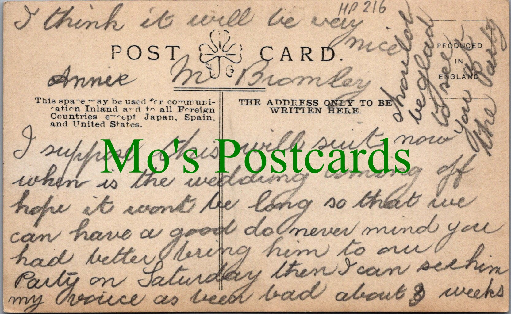 Song Card Postcard - Romance, My Irish Molly O. (1) HP216