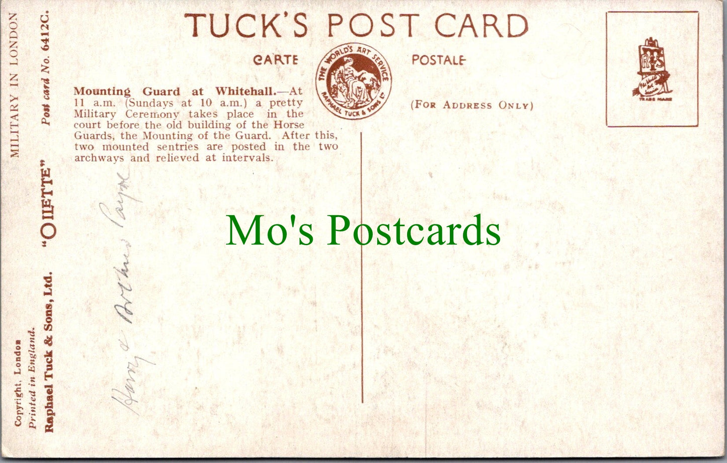 Military Postcard - Mounting Guard at Whitehall, London  SW12440