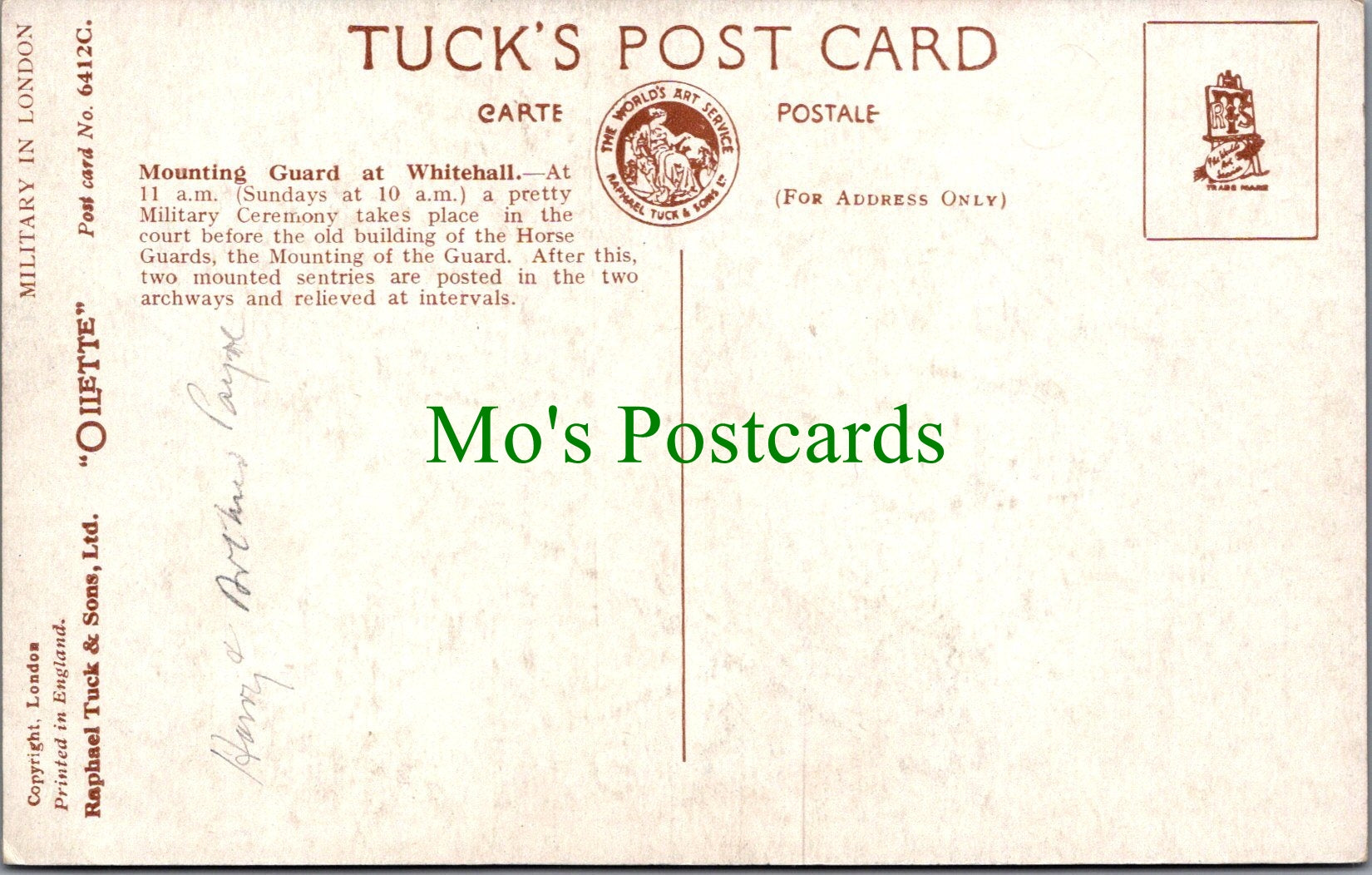 Military Postcard - Mounting Guard at Whitehall, London  SW12440