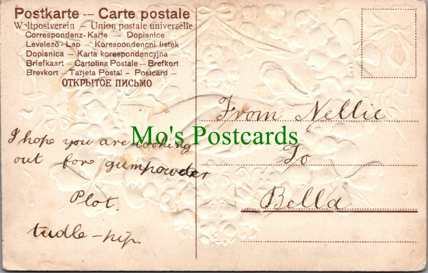 Embossed Greetings Postcard - Nellie To Bella Handshake  SW13279