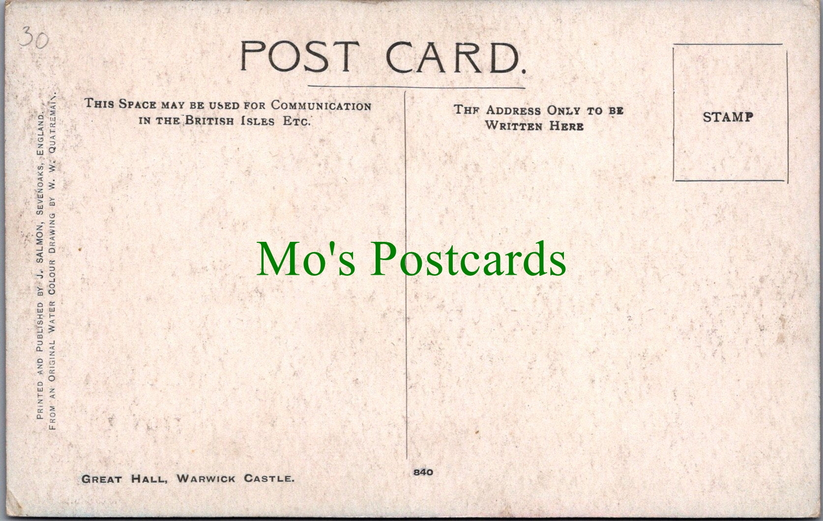 Warwickshire Postcard - Warwick Castle, The Great Hall  SW10967