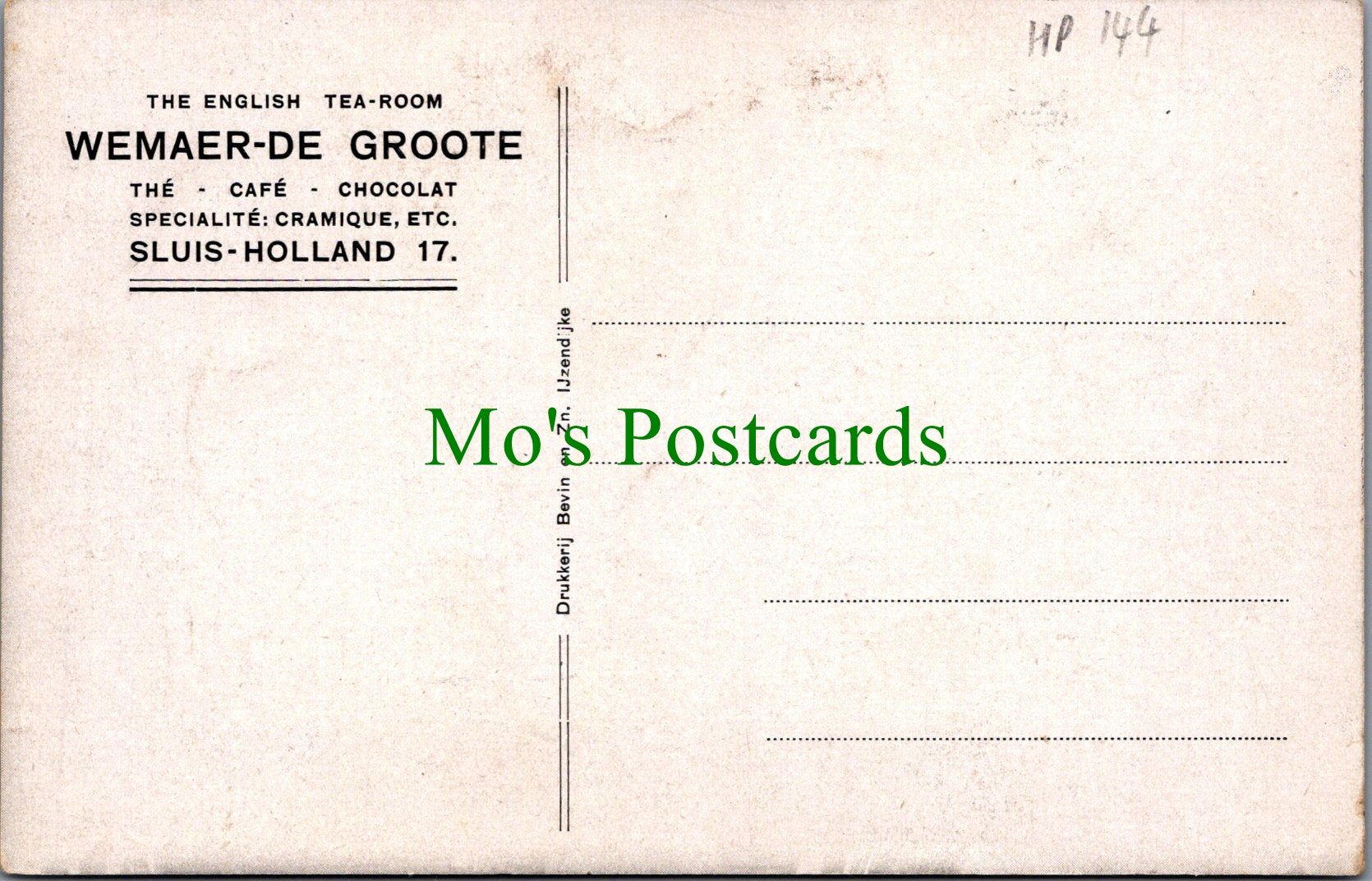 Netherlands Postcard - English Tea Room, Wemaer-De Groote, Sluis-Holland HP144