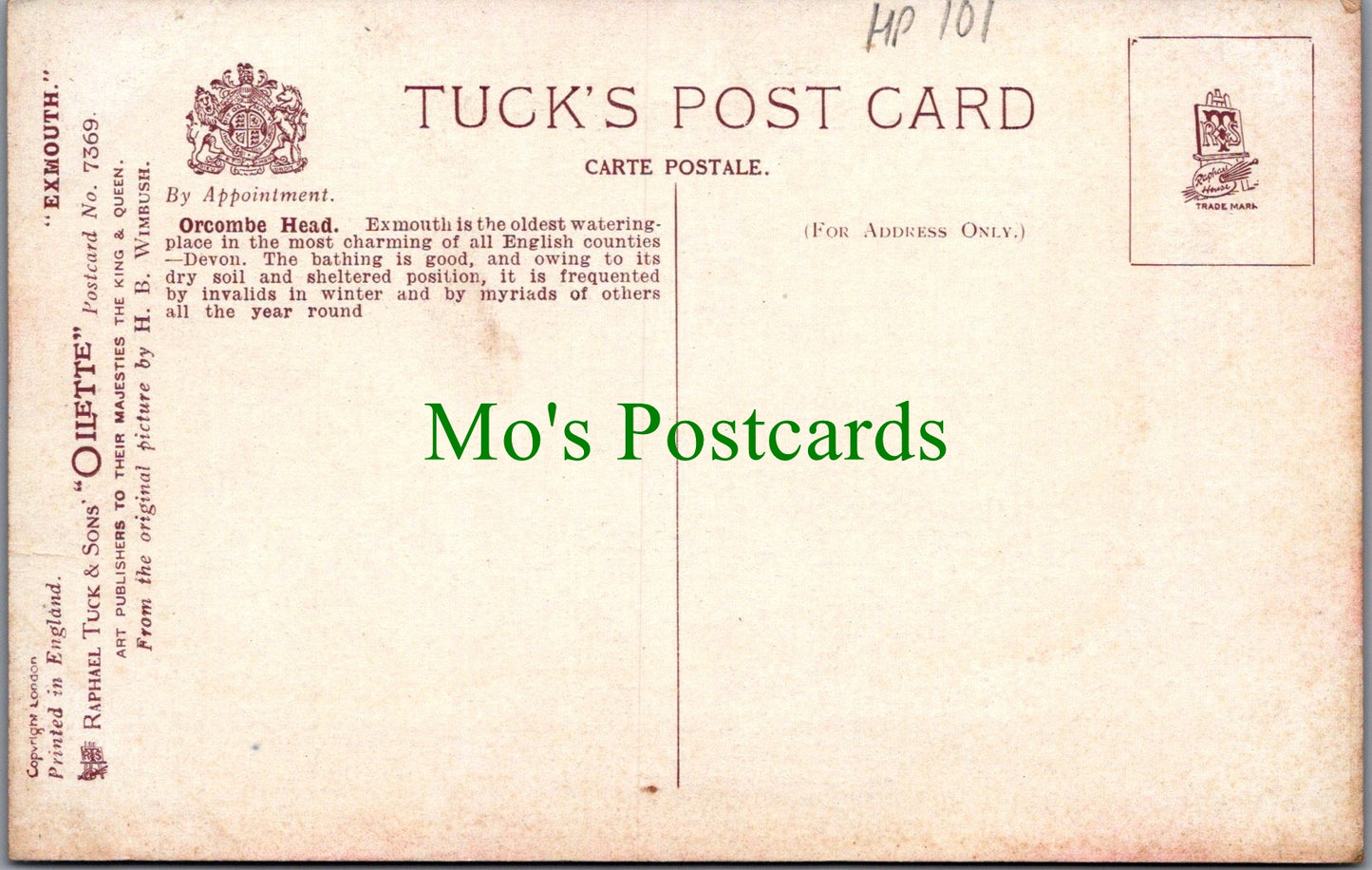 Devon Postcard - Exmouth, Orcombe Head, Artist Henry.B.Wimbush HP101