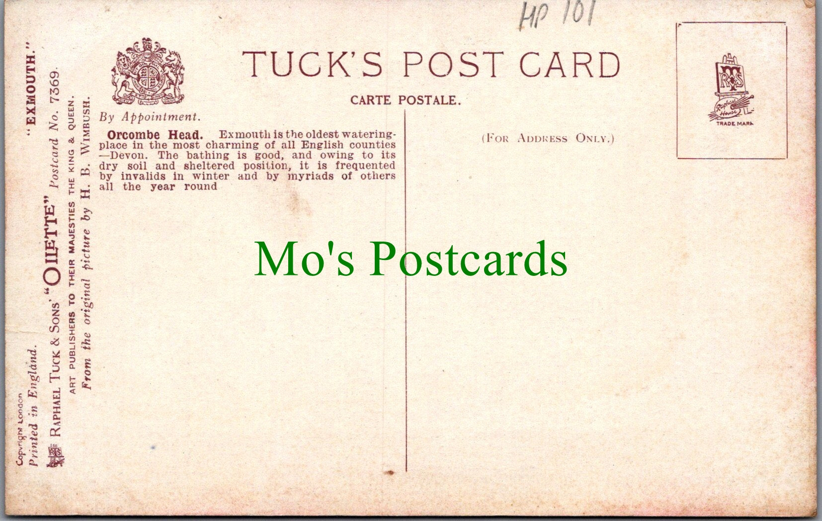 Devon Postcard - Exmouth, Orcombe Head, Artist Henry.B.Wimbush HP101
