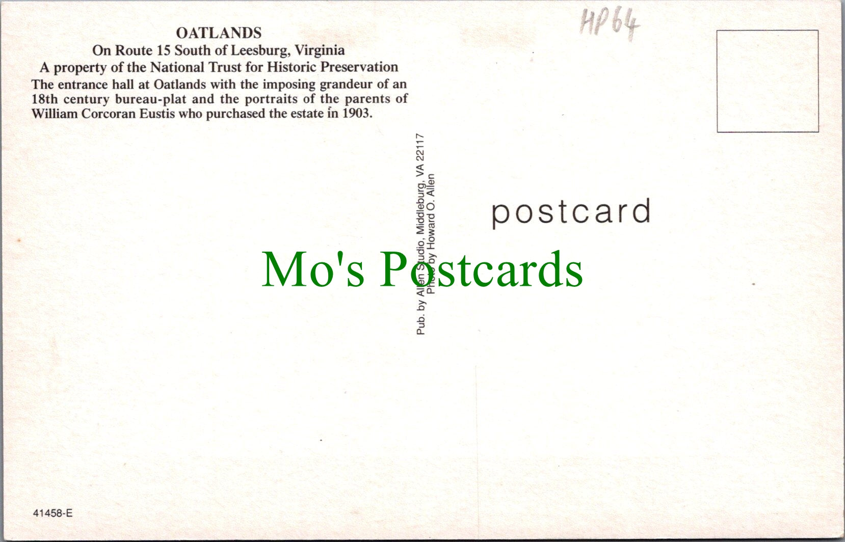 America Postcard - Oatlands, South of Leesburg, Virginia   HP64