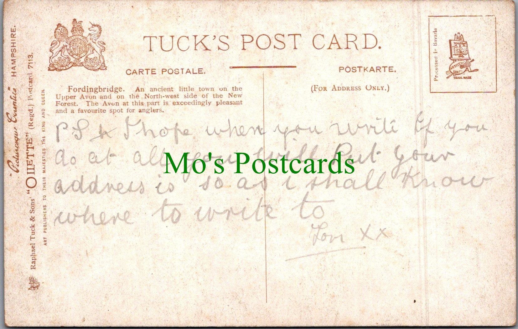 Hampshire Postcard - The Avon at Fordingbridge, Artist Arthur.W.Bridgeman   SW11557