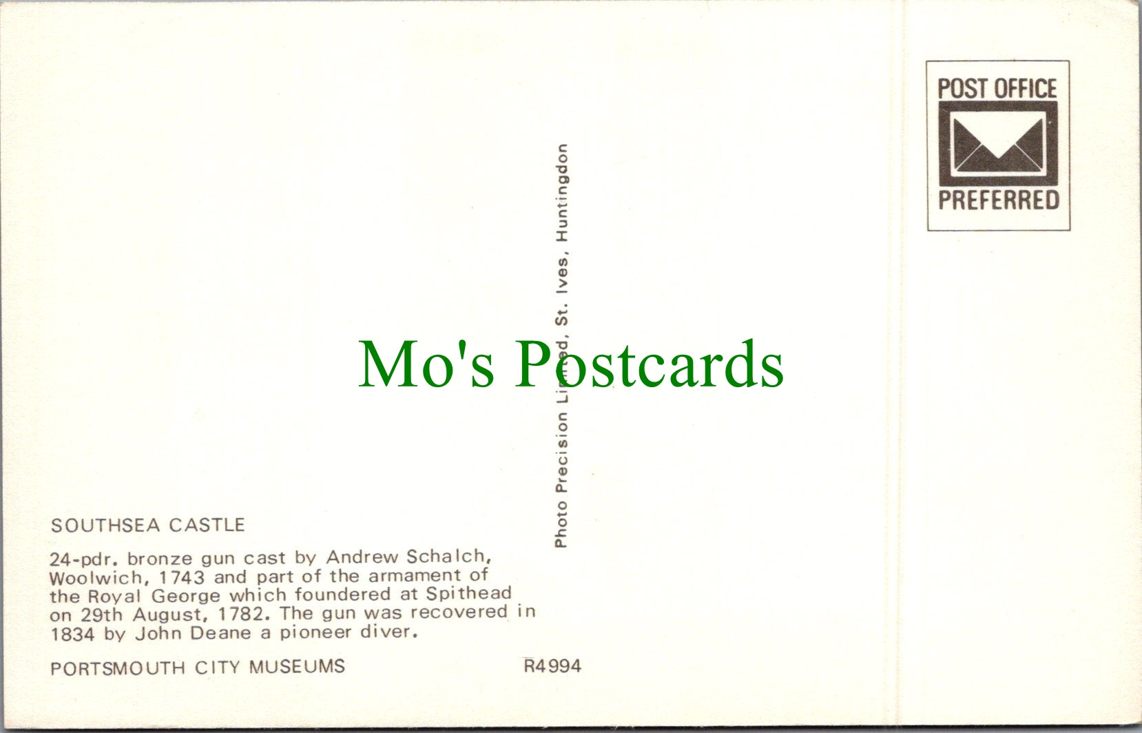 Hampshire Postcard - Southsea Castle, 24 Pounder Bronze Gun SW11594