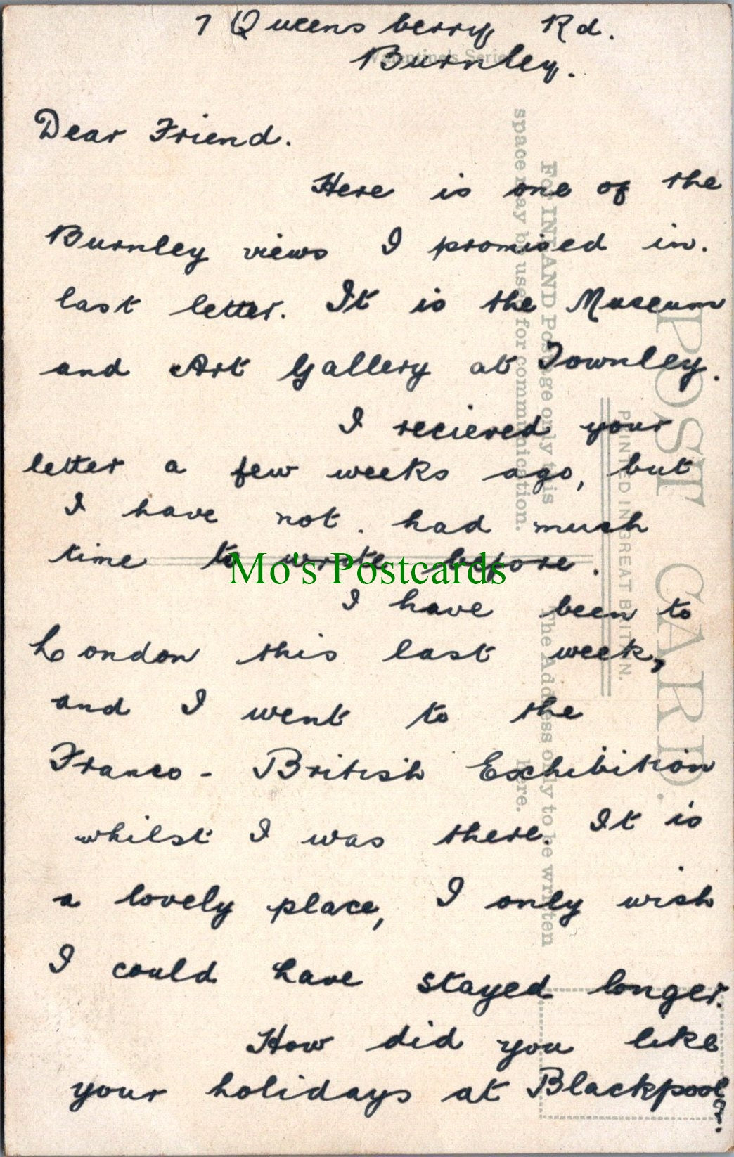 Lancashire Postcard - Burnley, Towneley Hall  SW12748