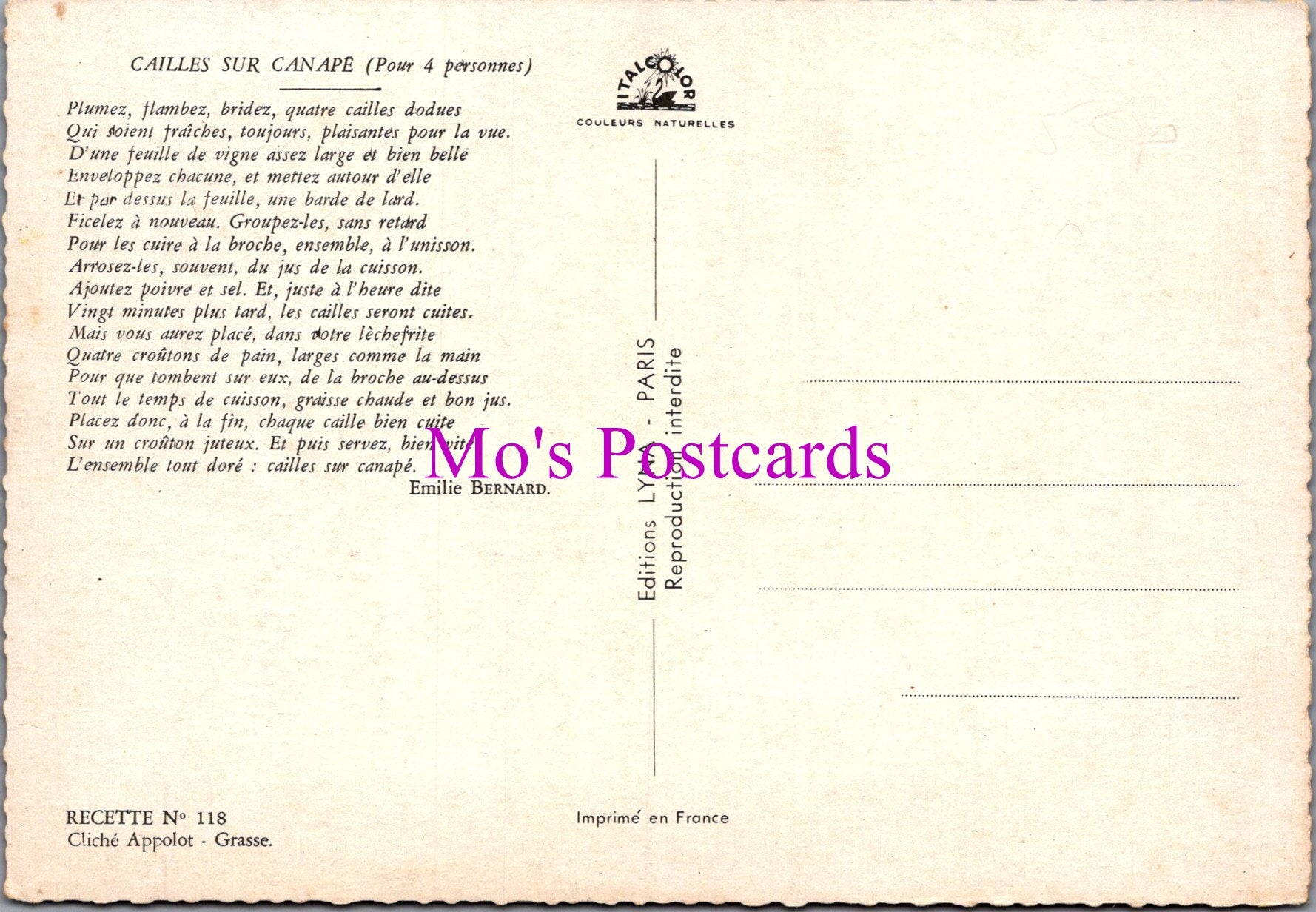 Food Postcard - Recipe, Cailles Sur Canape   SW15208