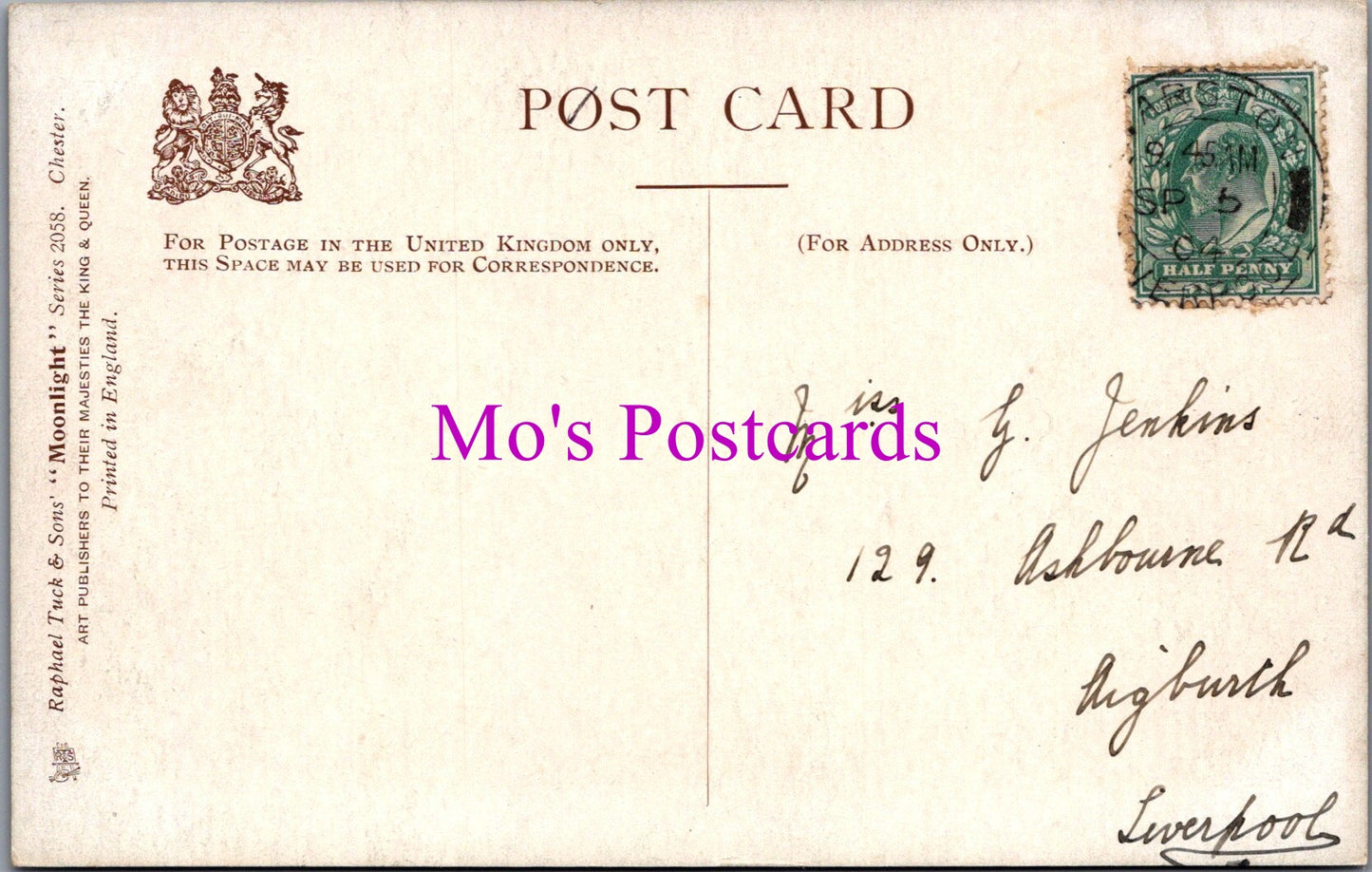 Vintage postcard with postage stamp and 'Mo's Postcards' branding