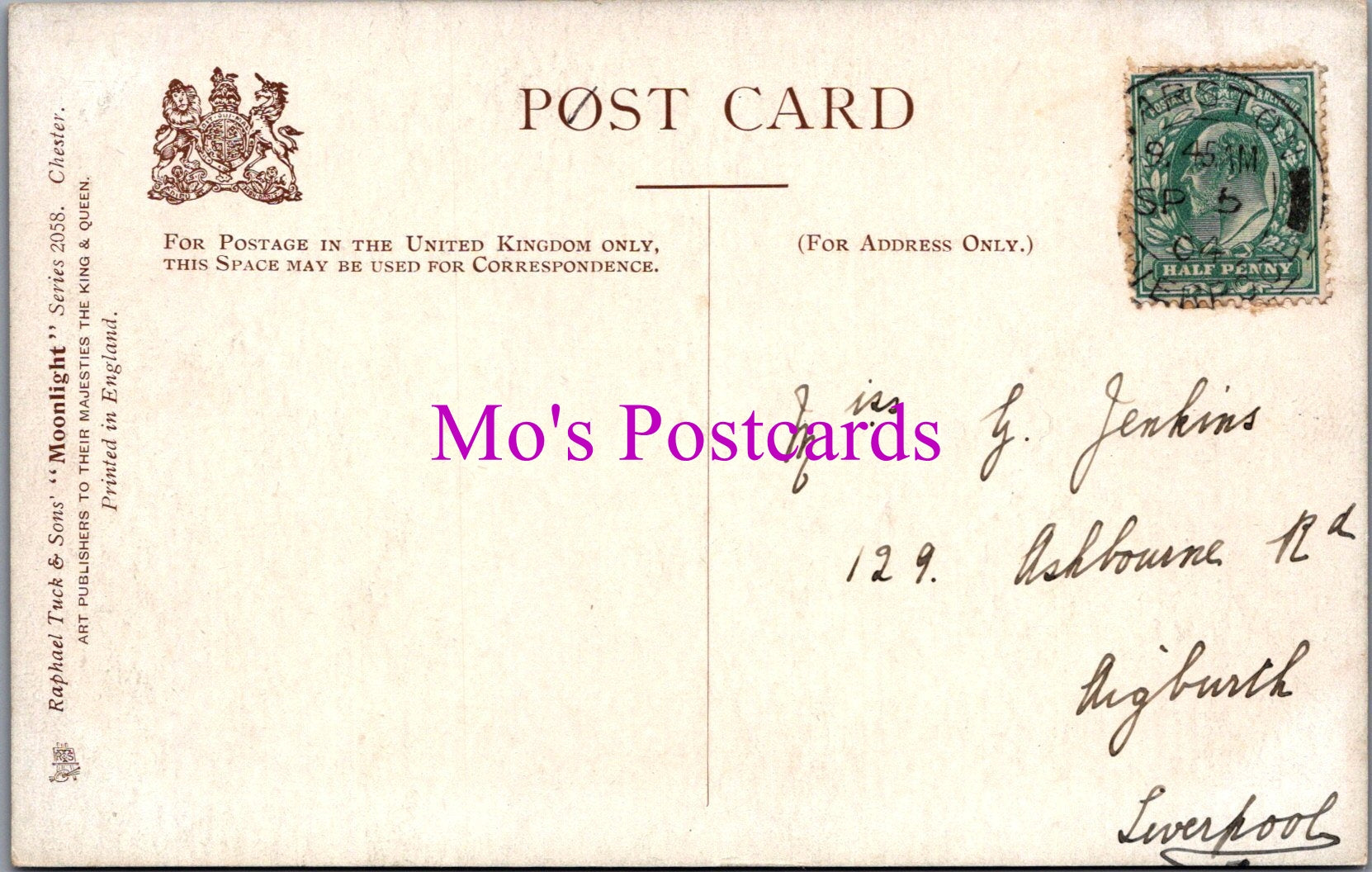 Vintage postcard with postage stamp and 'Mo's Postcards' branding