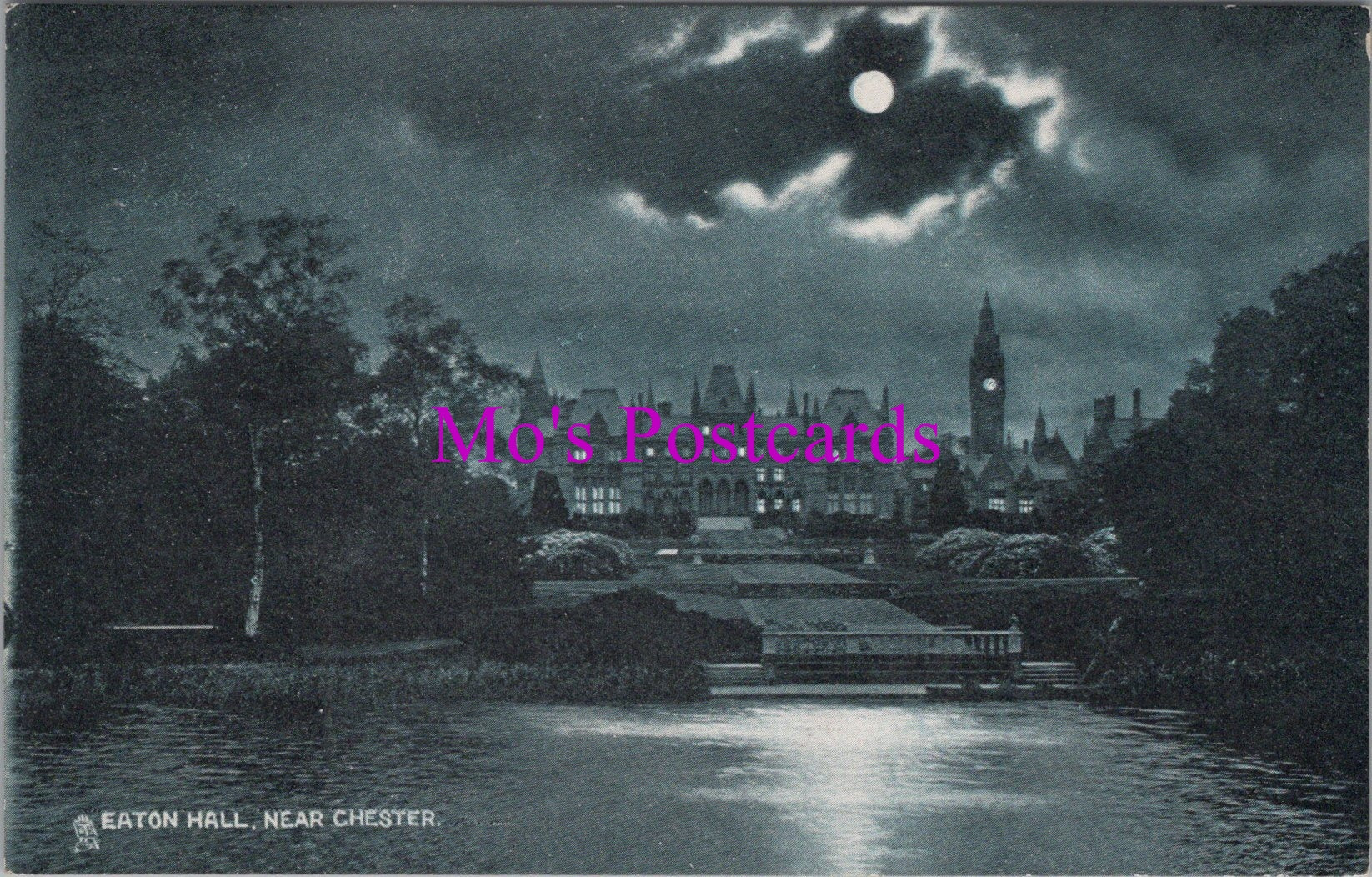 Vintage black and white postcard of Eaton Hall near Chester under a moonlit sky.